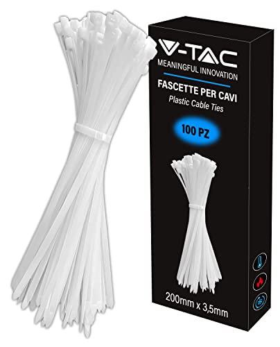 V-TAC Fascette per Cavi in Plastica misura 2.5 mm x 200 mm - Confezione 100 Pezzi - Fascette per Cablaggio Multiuso - Stringicavo Portacavi Fermacavi per Elettricista, Meccanico, Giardinaggio - Bianco