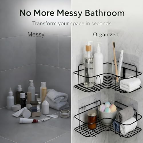 Image of Corner Shower Caddy Shelf Set of 2 | Self Adhesive Bathroom Shelf Organizer | Rustproof Wall Mounted Bathroom Rack for Shampoo, Soap & Toiletries | No Drilling Storage Basket
