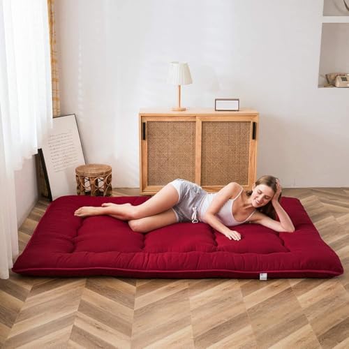 Image of MAXYOYO Japanese Floor Futon Mattress - Thicken Sleeping Pad, Foldable Roll Up Mattress Topper, Guest Floor Couch Mat, Burgundy, Queen