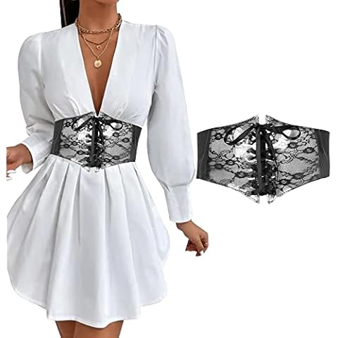 QKEPCY Corset Belt for Women Lace-up Corset Elastic Waist Belt Tied Waspie Wide Belt Women's Elastic Wide Belt Lace Stretchy Wide Waist Dress Belt for Dress Halloween Costume (Type A) Cover