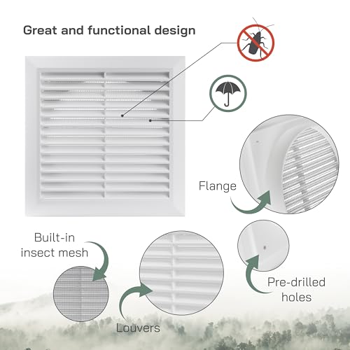 Vent Systems Kanał 15.2 cm – 20.3 cm x 20.3 cm zewnętrzna osłona otworu wentylacyjnego – rura wylotowa do łazienki – biała żaluzja, osłona wentylacyjna suszarki zewnętrznej, biała, 150 mm, 200 x 200