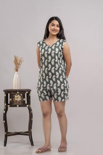 Image of Women's Cotton Printed Night Suit Set of Top & Shorts Sleeveless Women's Lounge Wear Set