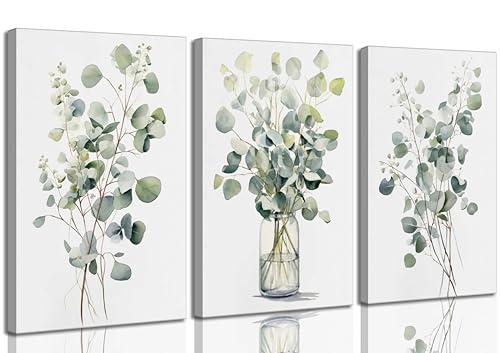 3 Pcs Botanical Canvas Wall Art Sage Green Eucalyptus Leaves