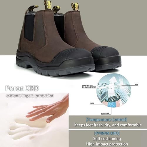 Men’s Work Boots Soft/Steel Toe, Slip-On Chelsea Safety Boots, Water Resistant Anti-Static Puncture-Proof Nubuck Leather, TPU Sole, Slip & Oil Resistant, D/EE Width3