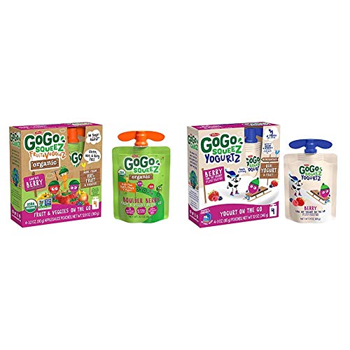GoGo squeeZ Organic fruit & veggieZ, Apple Mixed Berry Carrot, 3.2 Ounce (4 Pouches), Gluten Free & YogurtZ, Berry, 3 Ounce (4 Count), Low Fat Yogurt, Gluten Free, Healthy Snacks, Recloseable