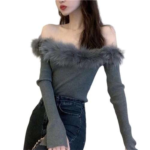 ZIDDAR Maglione da donna a maniche lunghe con spalle scoperte pullover con scollo a barca top da donna con spalle scoperte pullover maglione, grigio, Taglia unica