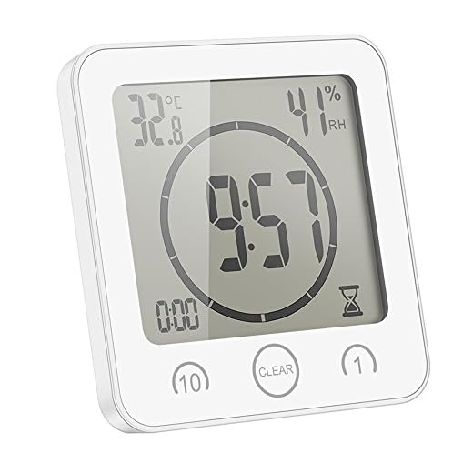 AOZBZ Shower Wall Clock, Digital Kitchen Timer with Alarm, Waterproof Touch Screen Timer, Temperature Humidity Display with Suction Cup Hanging Hole (White)