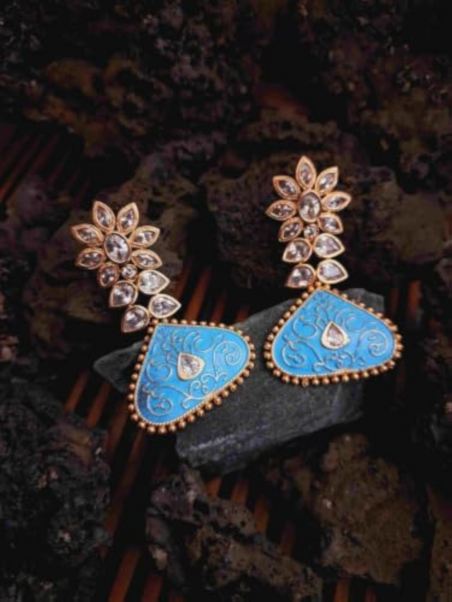 Women's Gold-Toned Blue Enamel Crystal Floral Drop Earrings