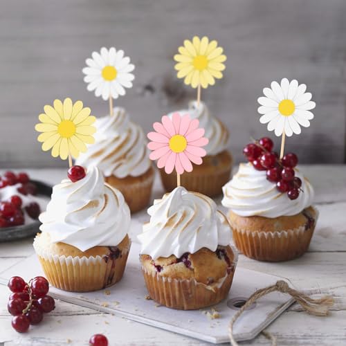 Moffris 24Pcs Daisy Cupcake Toppers Flower Chrysanthemum Party Decorations For Birthday Wedding thumb #3