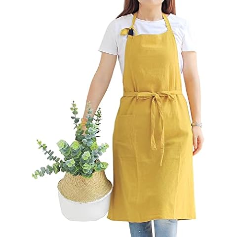 Cotton Line Kitchen Cooking Apron for Men and Women Adjustable Bib Pinafore Apron with Pockets for Gardening Painting Baking, Ginger, Large Cover