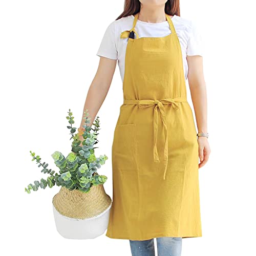 Delantal de cocina de algodón para hombres y mujeres con babero ajustable con bolsillos para jardinería, pintura y horneado, Ginger, Large Cover