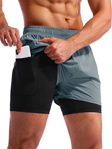 Image of Pudolla Men's 2 in 1 Running Shorts 5 inch Quick Dry Gym Athletic Workout Shorts for Men with Phone Pockets