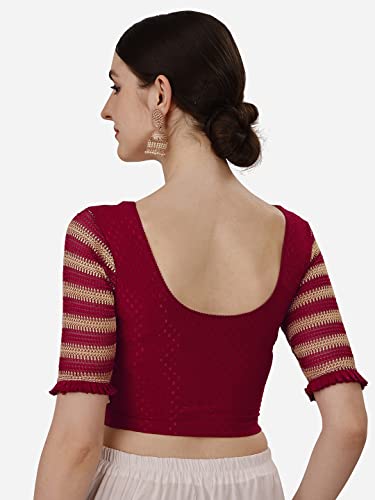 Image of SFT Round Neck Cotton Lycra Stretchable Laced Elbow Sleeves Readymade Saree Blouse for Women Stylish (Shibani