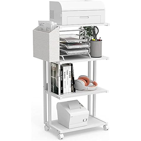 VEDECASA 4 Tier Wooden Printer Stand with Rolling Wheels Modern Industrial Narrow Tall Space Saving Printer Shelf with Storage Bin for Home Office Bedroom Kitchen Organization (A White) Cover