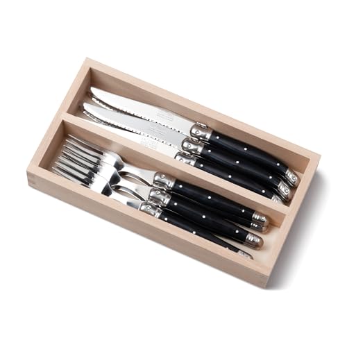 Andre Verdier Laguiole 12 Piece Steak Knife and Fork Set for 6 People in a Wodden Display Tray - Black
