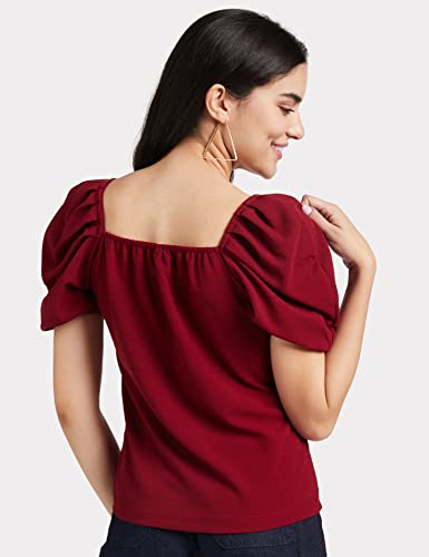 Image of Lymio Women's Crop Red Color V Neck Half Sleeve Polyester Solid Top