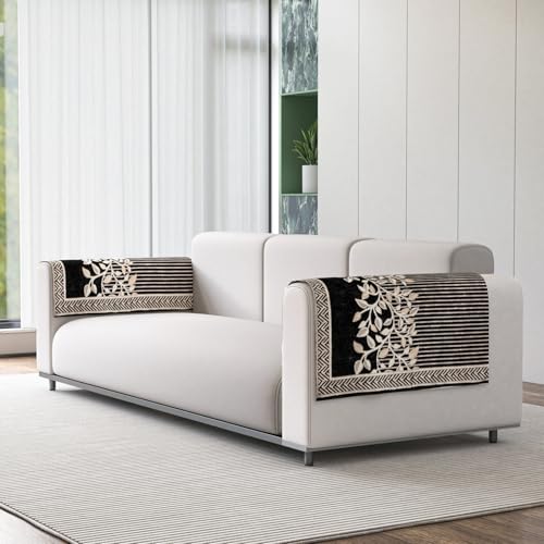 Image of Nendle Premium Chenille Floral Sofa Mat Arms Cover Only - Soft & Durable Protector for L Shape /Standard Sofa Set (58 cm, Black, 1 Piece)
