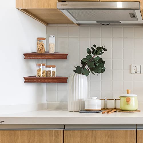 Niubest Corner Shelf Wall Mount,Set Of 2 Triangular Floating Corner Shelves For Wall Storage And Display,13 Inch Wood Corner Wall Shelf For Bedroom,Living Room,Bathroom,Kitchen-Dark Walnut #TOP1