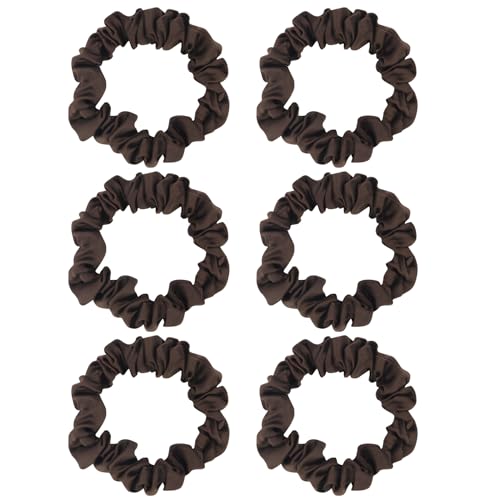 Otyou 6個パック 高弾性サテンカバー ヘアシュシュ スキニーヘアタイ ソフト シュシュボブル ボンネット ポニーテールホルダー リストバンド ヘアアクセサリー 女の子 キッズ バイク テニス用 (ダークブラウン)