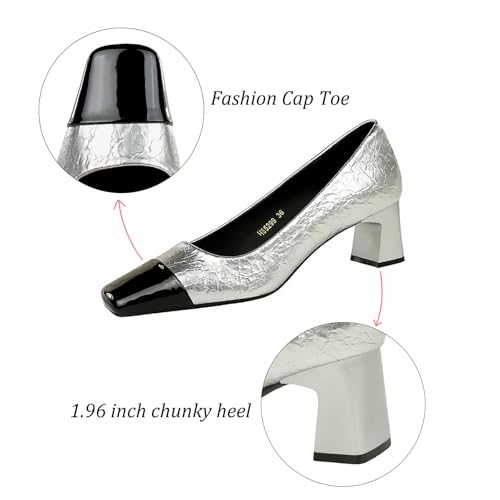 Women's Square Cap Toe Block Heel Pumps Closed Toe Slip On Chunky Heel Pumps for Office Wedding Party Dress Shoes3