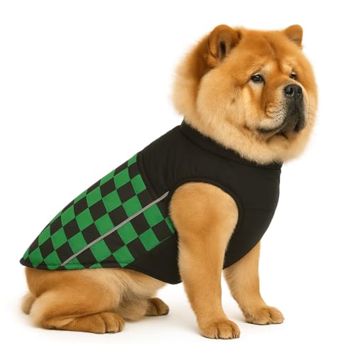 Image of The Pets Company Dog Winter Coat Jacket, Clothes, Windproof, Waterproof, Light Weight, Washable, Ultra Warm Thick Fleece Lined Dog Vest for Cold Weather Protection, (Green Check, Large - 24 Inch)