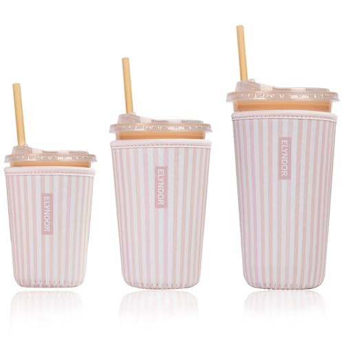 Image of Reusable Insulated Sleeve for Iced Coffee Cup, 3-Pack Coffee Neoprene Drink Sleeve for Cold & Hot Drinks, Beverage Holder for Iced Coffee (Blush Stripes)