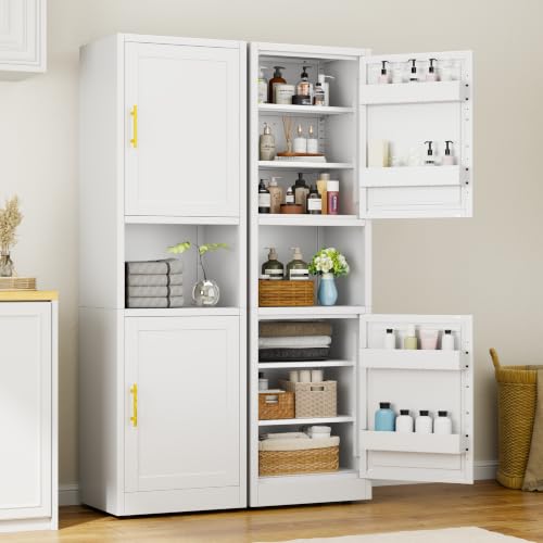 Image of Tall Narrow Pantry Cabinet for Kitchen, 67 inch H Metal Storage Cabinet with Inner Door Storage Racks, Doors & 3 Adjustable Shelves for Dining Room, Living Room, Home Office, 20 inches Wide, White