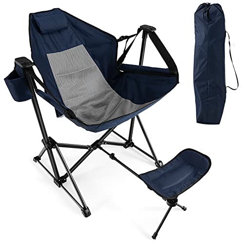DORTALA Swinging Hammock Chairs for Camping, Rocking Camp Chair w/Retractable Footrest, Folding Camping Chair for Adults, Great for Camping, Fishing, Picnic, Carrying Bag Included, Pack of 1, Navy