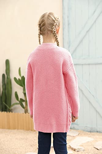 Image of Ermonn Girls Kids Open Front Cardigans Sweaters Long Sleeve Knit Cute Sweater Outwears with Pockets for 5-14 Years Pink