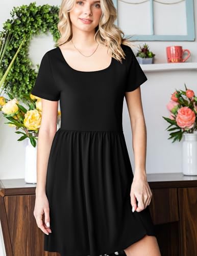 Image of Zeagoo Womens Casual Dress Floral Patchwork Summer Dress Square Neck Short Sleeve A Line Flowy Swing Mini Dress with Pockets