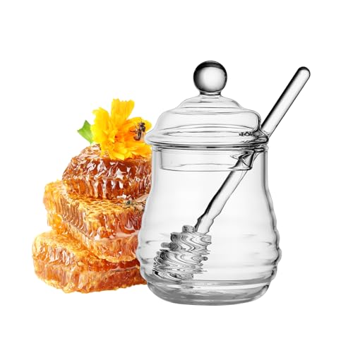 FHISKUNYU Bote de Cristal para Almacenamiento de Miel y Jarabe 300ml - Envase Hermético Anti-Goteo con Cuchara, Tapa Segura y Base Estable (Conservación Óptima)