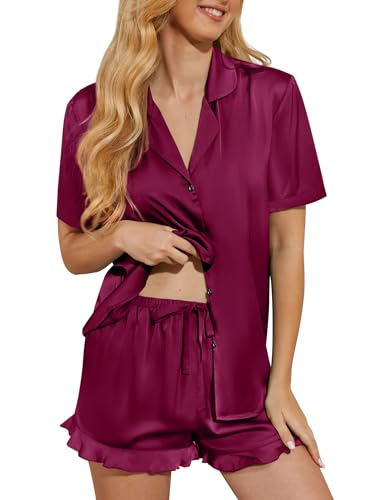 Image of Silk Pajamas for Women Satin Womens Pajama Sets Short Sleeve Set 2-Piece Sleepwear