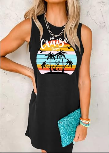 Image of Sun Salt Sand Coconut Tree Tank Mini Dress for Women Casual Loose Sleeveless Beach Praty Shirts Summer Vacation Short Dress