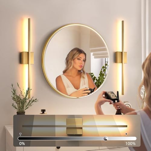Image of Wall Sconces Set of Two, LED Dimmable Sconces Wall Lighting, Brushed Gold Modern Wall Sconce Light for Bathroom, Living Room, Bedroom, Hardwi