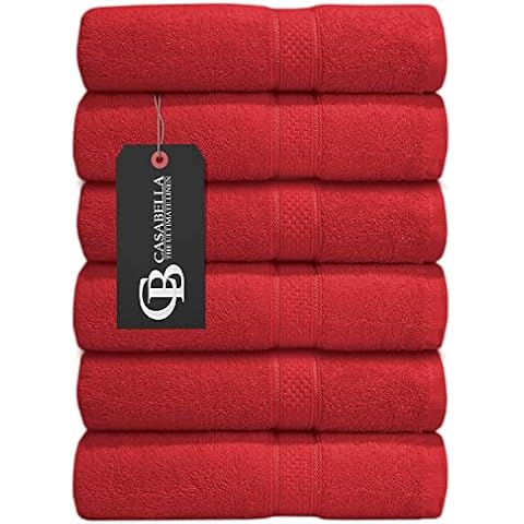 Casabella premium pack of 6 Hand Towels 100% cotton 500 GSM quick Dry super soft extra large Hand towels Pack 50x90 CM 6 Red Hand towels for Bathroom, Kitchen use Cover