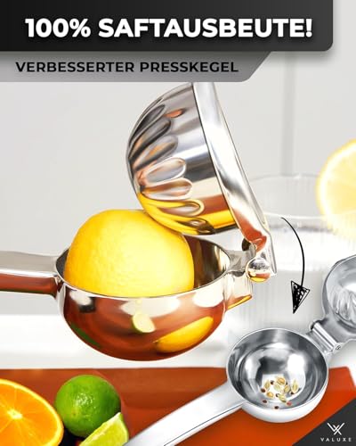 VALUXE Zitronenpresse Edelstahl groß - Hand Zitruspresse für Zitronen, Limetten & kleine Orangen - Manuelle Limetten-Presse, Citrus Handpresse, Lemon Squeezer spülmaschinengeeignet 4