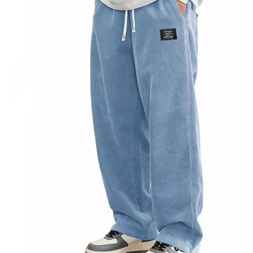 Mokaloha Mens Corduroy Pants, Men's Pit Strip Corduroy Fabric Embroidery Logo Tether Loose Elastic Waist Pocket Pants