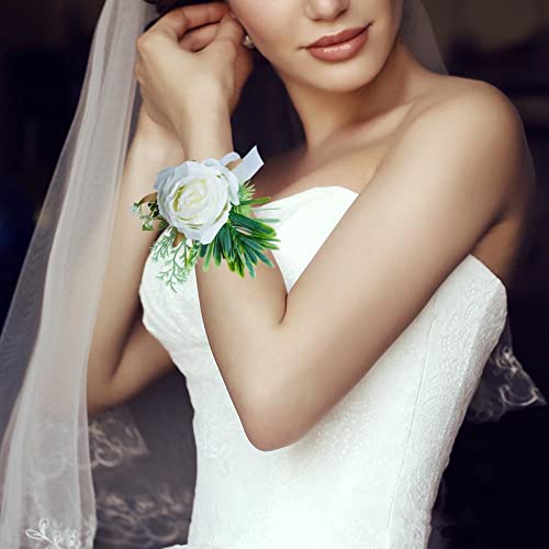 JULAN 6Pcs White Rose Wrist Corsage and Boutonniere Set including Pins,Handmade Artificial Rose Flower Wrist Flowers and Men's Corsage Set for Wedding Flowers Ceremony (3 Boutonnieres + 3 Wrist Corsages) - Image 2