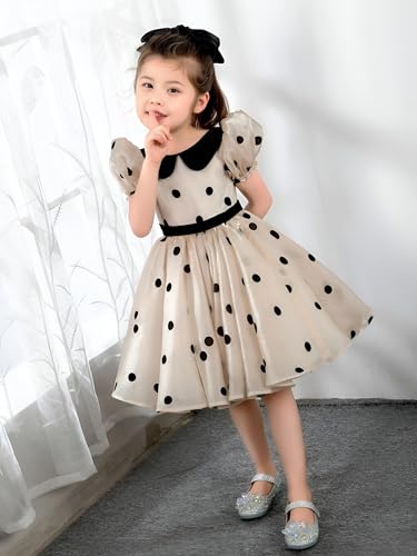 Image of Captivating Polka Dot Printed Baby Frock, Elegant Organza Cotton Puff Sleeve Kids Dress with Peter Pan Collar Celebrations & Style.