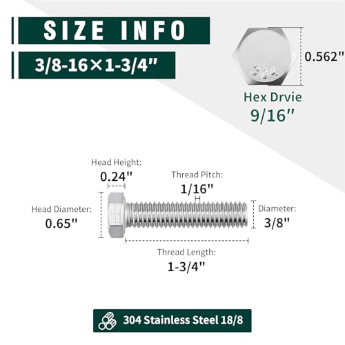 Image of (8 Sets) 3 /8-16 x 1-3 /4 inch Hex Bolt and Nut Kit, 304 Stainless Steel (18-8), Fully Threaded, Flat & Lock Washers Included