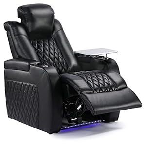 Home Theater Seating Top Grain Leather Recliner Chair Dual Power Movie Gaming Sofa Electric Headrest with Tray Table Type C USB Charge Cup Holders Black