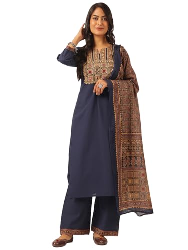 Image of Vbuyz Women Ajrakh With Yoke design Cotton Straight Kurta Set With Dupatta