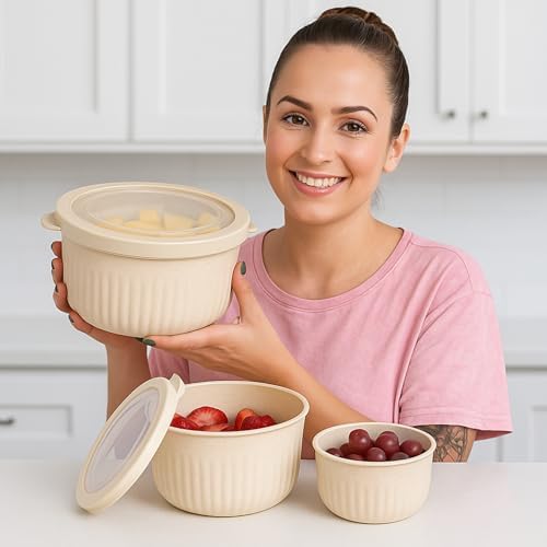 Set of 3 Bowls with Lids - Microwave, Freezer, and Fridge Safe Nesting Mixing Bowls - Eco-Conscious Kitchen Essentials by Classic Cuisine (Beige), S, M, L - Thumbnail 5