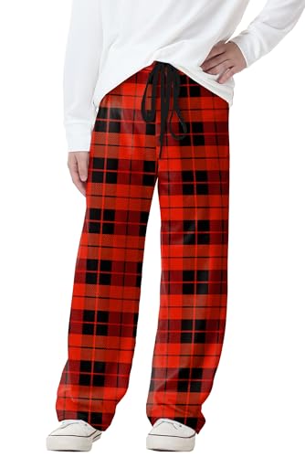 Long Pants Drawstring Elastic Waisted Casual Plaid Graphic Loose Fit Pant Red 11-12 Years