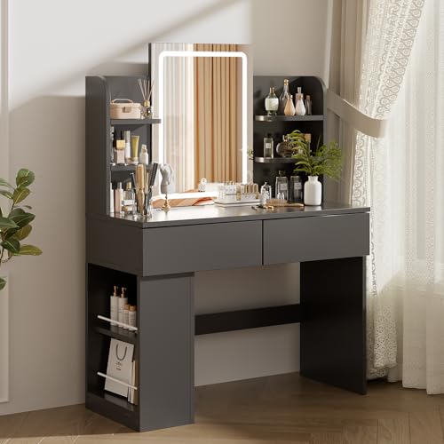 Airfish Tocador de Maquillaje con Espejo y LED Luz Regulable, Mesa de Maquillaje con 2 Cajones y 4 Estantes, Estante Inferior, Vanity de Escritorio Moderno para Dormitorio, 90 x 40 x 135 cm, Negro