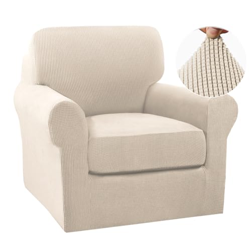 Image of Turquoize 2 Piece Chair Covers Chair Slipcovers for Living Room Small Armchair Chair Cover with Arms Washable Furniture Cover for Chairs Feature Thick Jacquard Fabric (Small Armchair, Biscotti Beige)