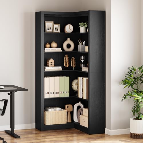 GarveeHome Corner Bookshelf Black, 71.8 in Black Corner Bookcase, L-Shaped Bookshelf Farmhouse Bookcase, 5 Tier Display Shelf Heavy Duty Bookcases, Bo