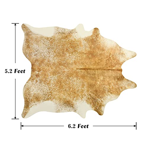 Rtizon Cow Hide Rug for Living Room, Washable Cowhide Rug, Large Faux Animal Skin Rugs, Non-Slip Cow Print Area Rugs, 5x6 Feet Cowhide Rugs for Bedroom Office Kitchen Fireplace, Khaki