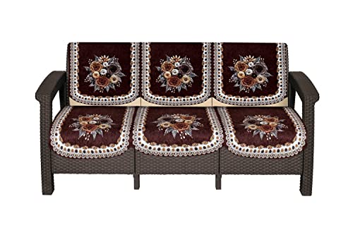 Image of The Furnishing Tree Velvet Floral Pattern 6 Pieces 3 Seater Sofa Cover Set Coffee