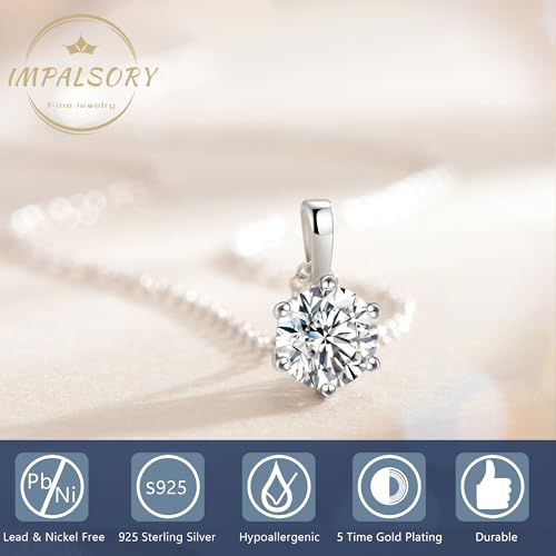 Impalsory Moissanite Pendant Necklace, 0.5ct 1ct 2ct Classic Round 6 Prong Solitaire Moissanite Necklace for Women 18K White Gold Plated Silver with 18 inch Chain3